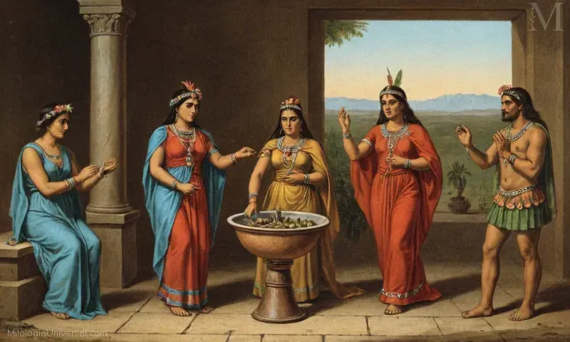 Vintage ilustración de rituales y prácticas alrededor de la deidad Mayahuel en la mitología azteca. El culto a Mayahuel implica ofrendas, danza, música y oración dedicadas a su adoración como patrona que representa aspectos de amor, fertilidad, agricultura y salud. A menudo se asocia con sustancias como maguey sap, tabaco o concoctions basadas en plantas destinadas a la embriagación y renacimiento espiritual.