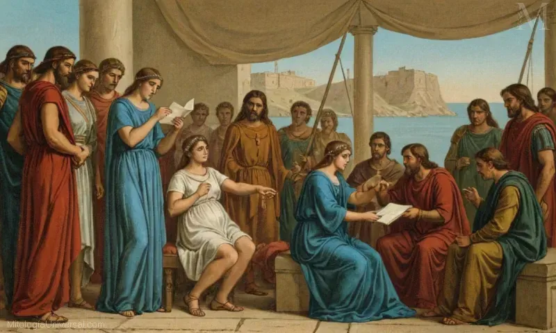 Vintage dibujo que representa la escena épica de Menelao revelando su carta de madres en la Guerra de Troya, poniendo en movimiento los acontecimientos de la mitología griega.