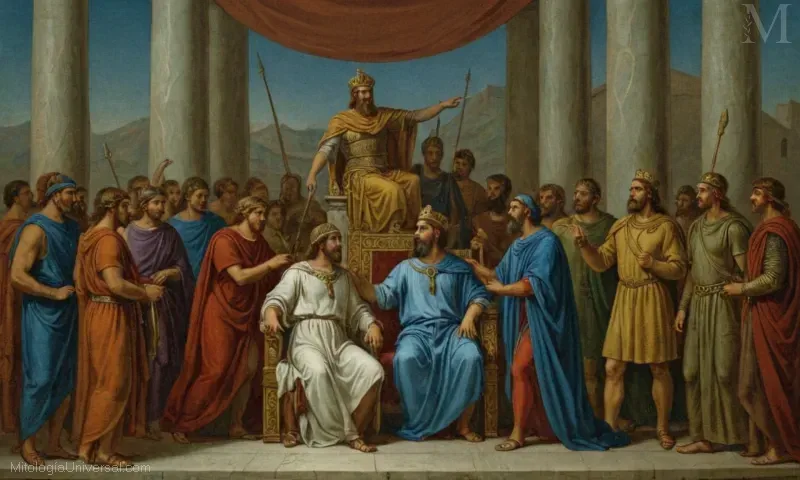 Eduardo Perrous pintura bellamente detallada que representa los orígenes y ascensos al trono del rey Menelaos de la mitología griega.