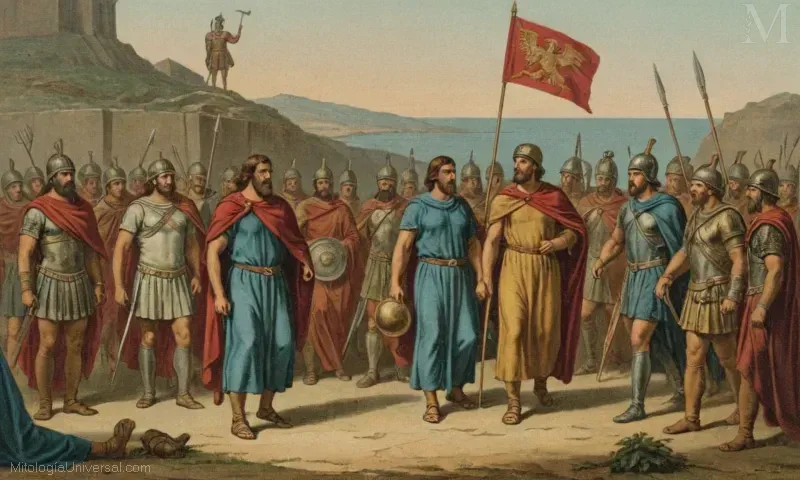 Ilustrado retrato de Menelao, un rey griego conocido por su papel en la Guerra de Aquiles y la Guerra de Troya.