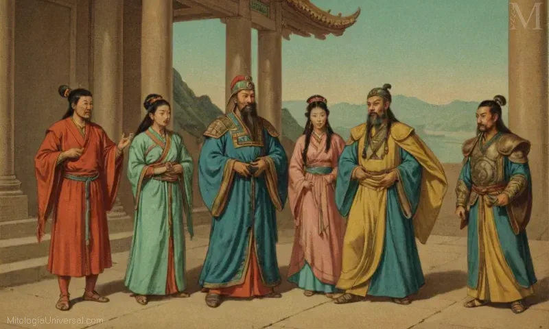 Vintage ilustración que muestra Ratios y Prácticas de Menshen; guardianes de la mitología china.