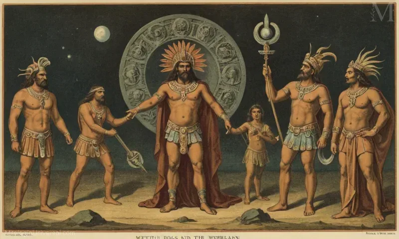 Vintage ilustraciones que representan Metztli y el Inframundo (Xibalbán), deidad celestial (Dios LUNAR) en Mitología Azteca, junto con el concepto del Inframundo.