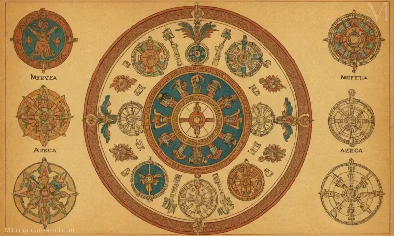 Vintage ilustrado mapa mostrando Metztli o Dios Lunar Azteca como una parte clave del sistema calendario lunar azteca.