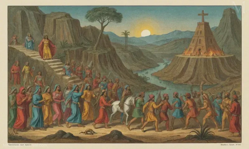 Ilustración vintage del tradicional viaje mitológico mexicano de las almas al inframundo.