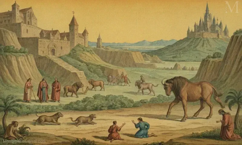 Ilustración de la búsqueda histórica de Teseo en la antigua Grecia. Las leyendas y mitos sobre el laberinto rodean esta historia aventurera.