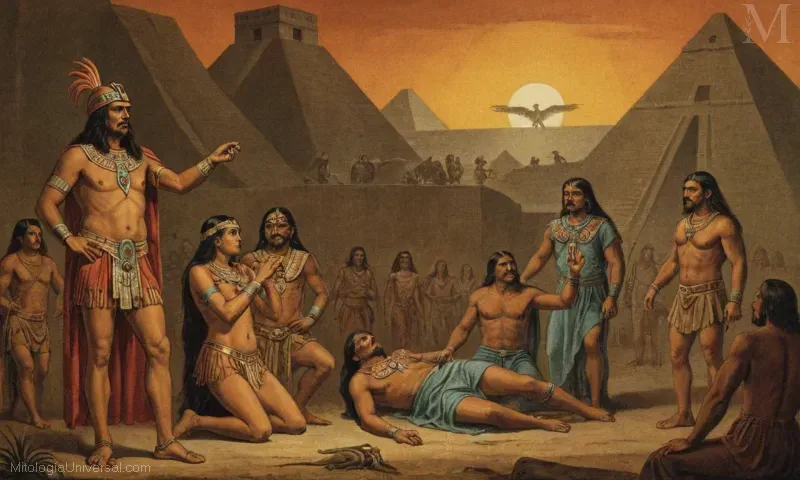 Ilustración con la historia de la creación que implica Huitzilopochtla, la muerte en la mitología azteca, y su significado.