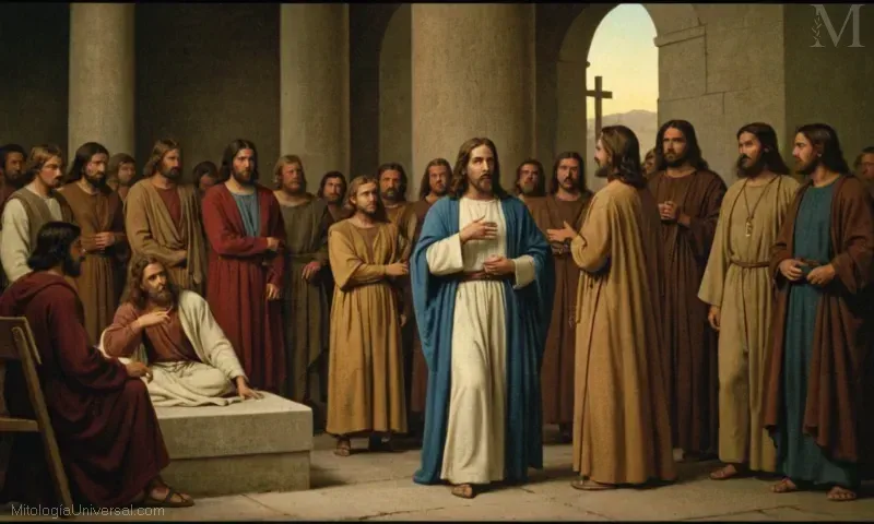 Vintage ilustración de Jesús y análisis histórico del desarrollo de la teoría del mito en Orígenes.