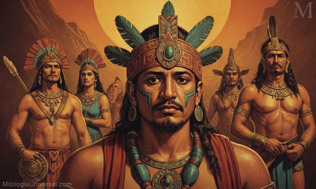 Ilustración mostrando dioses aztecas, creencias y rituales inspirados en influencias culturales de la mitología azteca.
