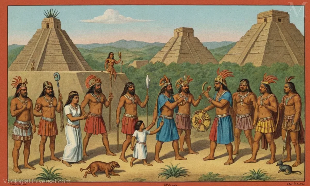 Vintage ilustración sobre lienzo representa dioses aztecas y sus rituales como se describe en Mitología y la Vida Cotidiana de Mitología Azteca. Muestra la mitología y la vida cotidiana del antiguo México.