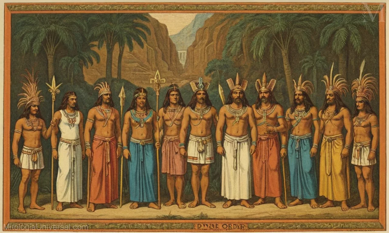 Ilustración vintage sobre lienzo de la Orden Divina en la mitología azteca incluyendo dioses y rituales.