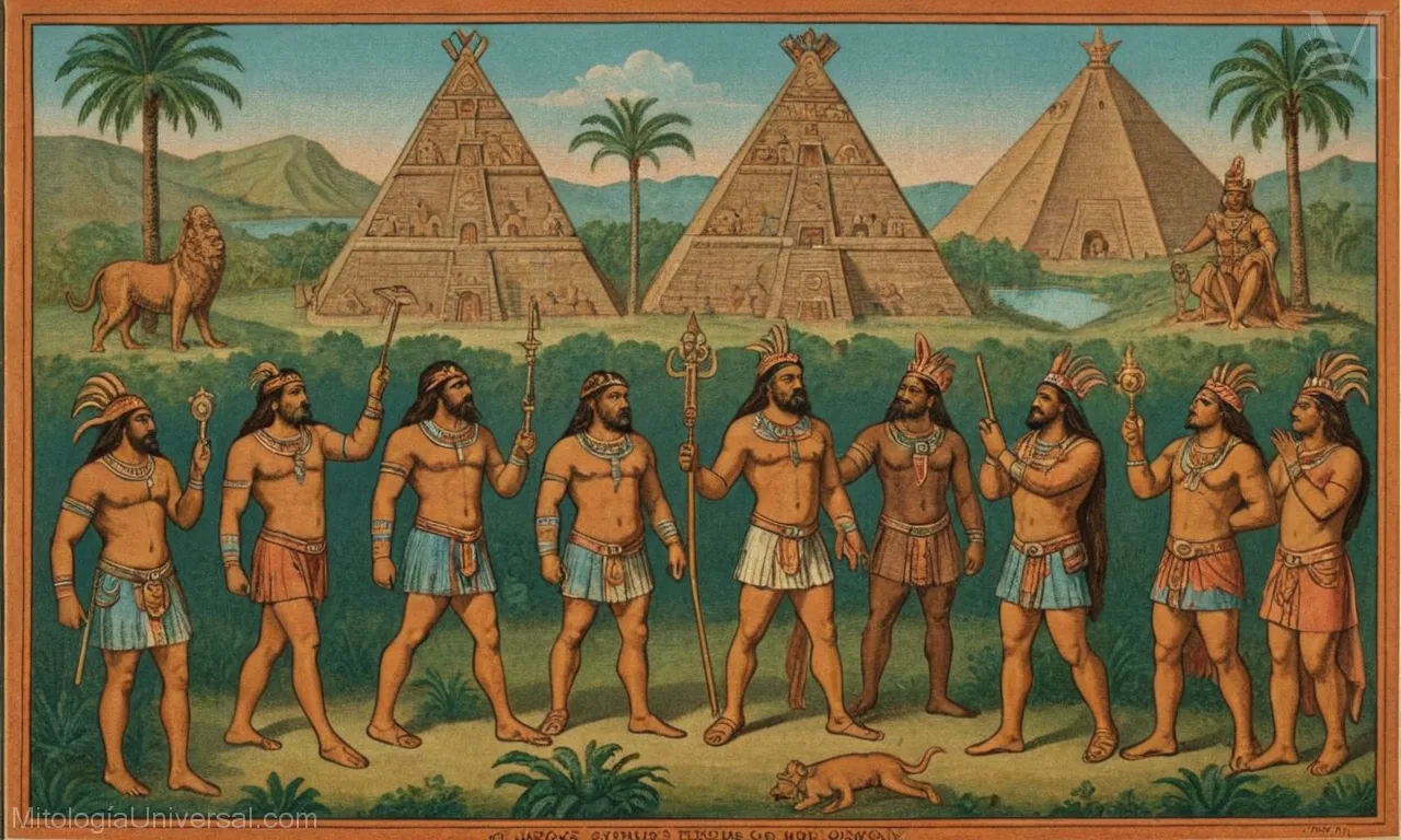 Ilustración vintage sobre lienzo de Orígenes y su cosmogonía de la mitología azteca, detallando dioses, creencias y rituales.