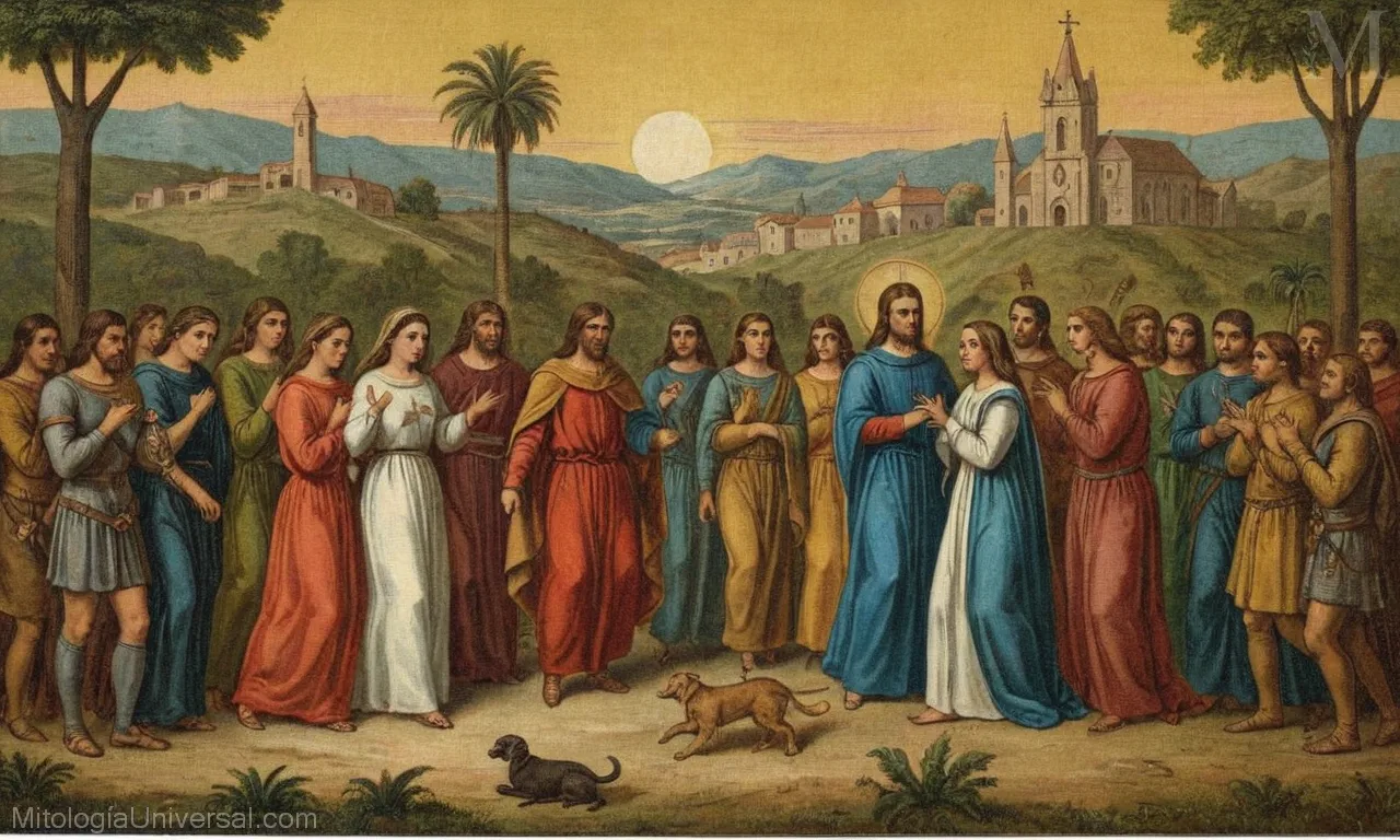 Ilustración vintage sobre lienzo de La Narrativa Central y La Vida de Jesú de Mitología Cristiana; representando la Historia y el Significado con un tema religioso.