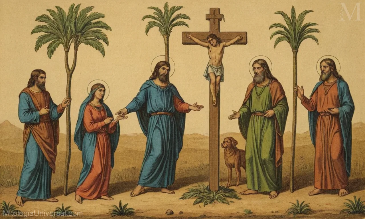 Ilustración vintage sobre lienzo de figuras bíblicas del Antiguo Testamento y la promesa del mitra (cruz en manos) en la mitología cristiana. Representa la continuidad entre la tradición judía, el cristianismo y las creencias mesolitistas antiguas.