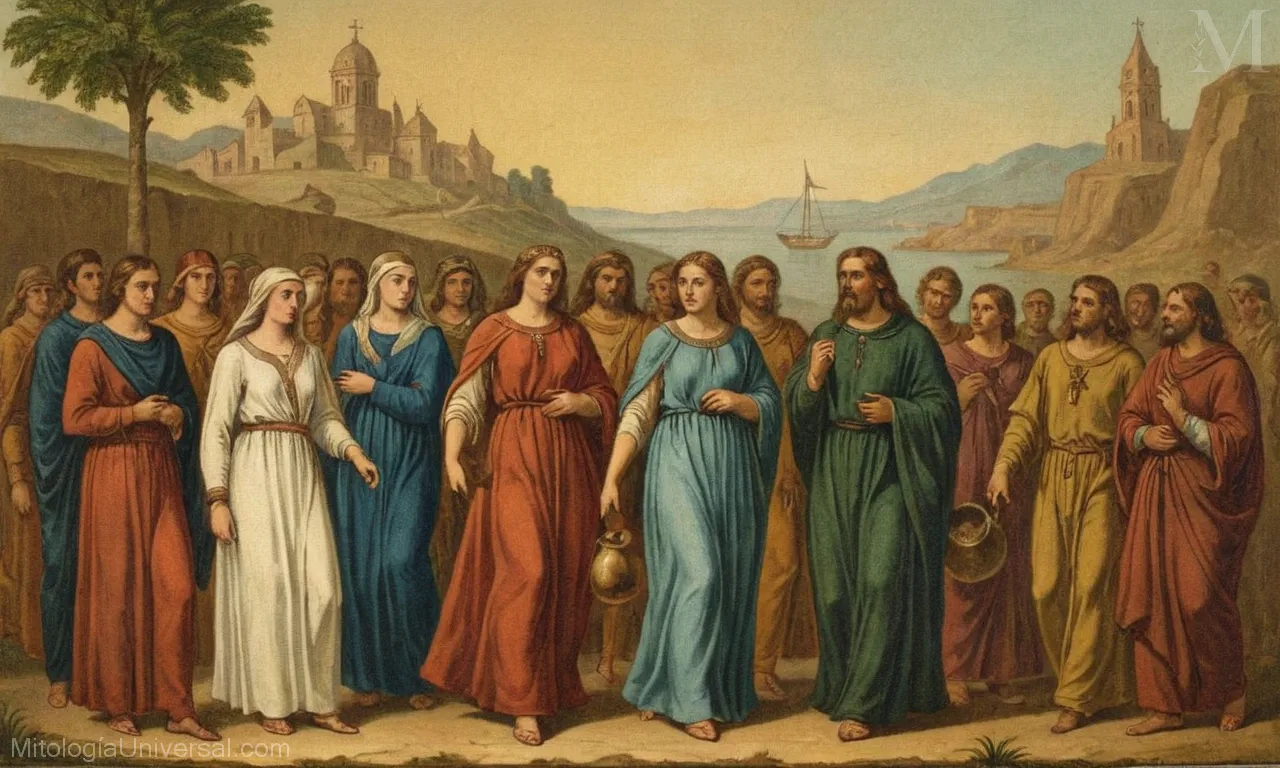 Línea de tiempo ilustrada o infografía destacando los mitos cristianos clave y sus orígenes. Cada mito podría proporcionar información sobre una historia bíblica, como la lucha de Jacobs con el ángel (serpiente), o el nacimiento, la muerte y la resurrección de Jesucristo. La breve descripción también podría tocar cómo estos mitos contribuyeron a configurar las creencias y prácticas en el cristianismo temprano.