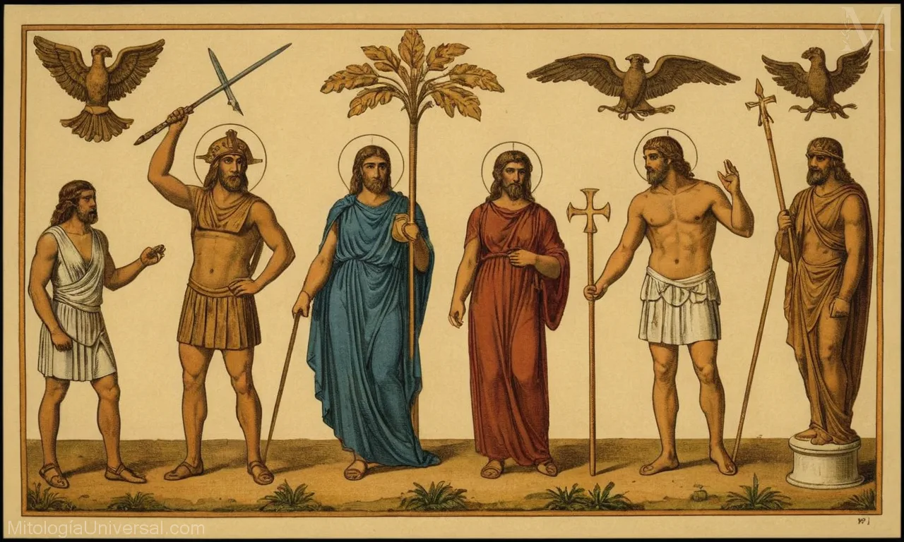 Ilustración de símbolos cristianos significativos de la mitología griega antigua, mostrando su significado histórico y simbólico.