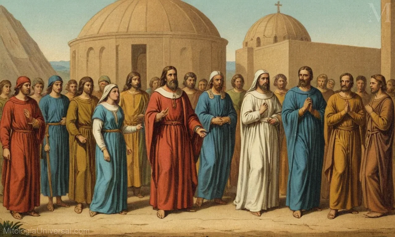 Ilustración vintage sobre lienzo de figuras religiosas de la mitología cristiana, ilustrando su significado histórico y cultural.