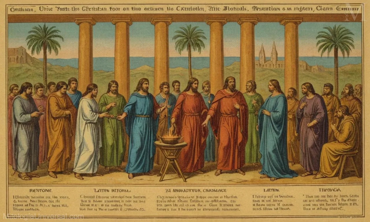 Ilustración vintage sobre lienzo de rituales cristianos de la mitología con texto latino que describe su historia y significado.