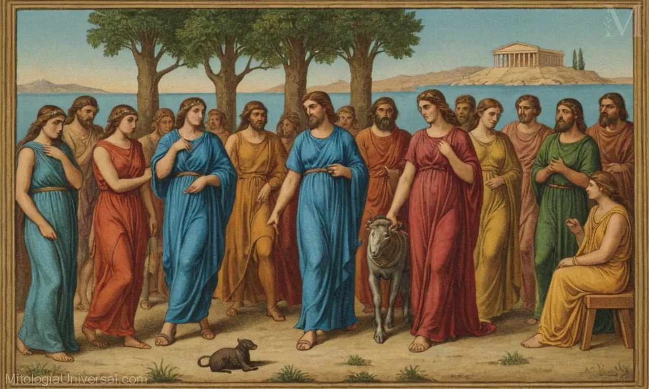 La ilustración vintage sobre lienzo muestra representaciones influyentes de la mitología griega en el arte y la literatura, con dioses, héroes y leyendas en la vanguardia.