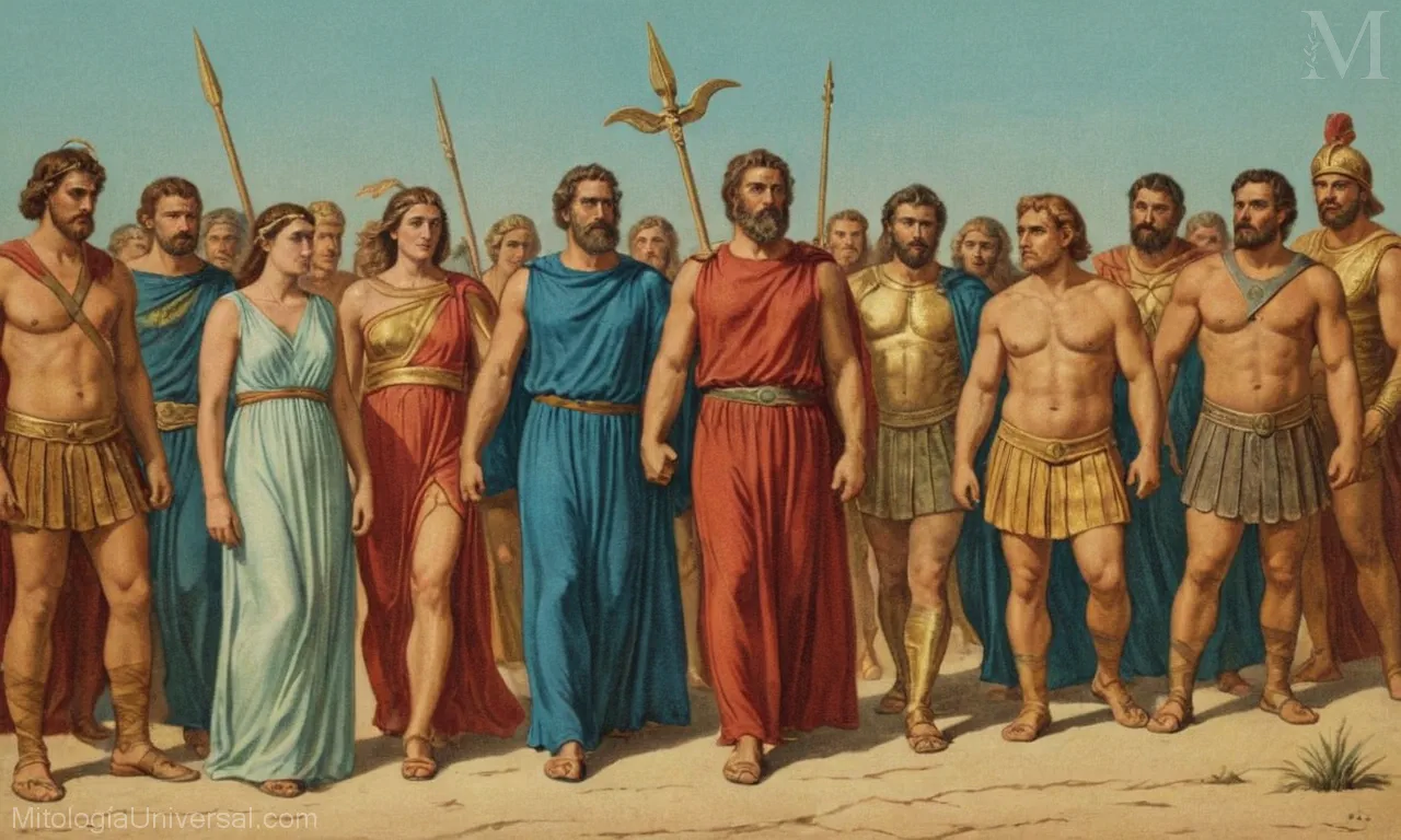 Vintage ilustración sobre lienzo con dioses griegos y héroes de la mitología.