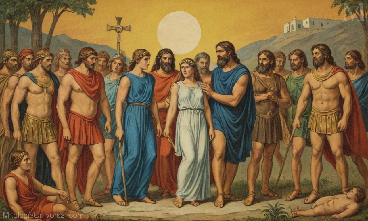 Ilustración vintage sobre lienzo de dioses griegos de mitología, héroes y leyendas en el contexto de prácticas religiosas.