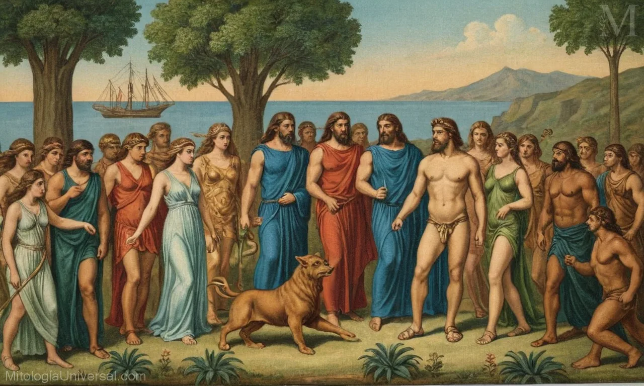 Ilustración vintage sobre lienzo dioses y héroes griegos en su reino de Elven. El acuerdo muestra varias entidades de la Mitología griega incluyendo Zeus, Afrodita, Atenea, Ares, Hércules, Medusa y Cerbero rodeados de flora y fauna del otro mundo.