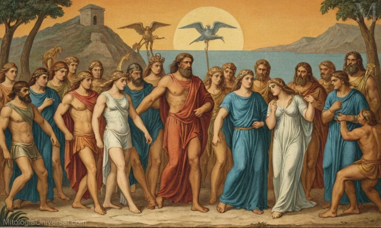 Ilustración vintage sobre lienzo que representa figuras míticas de la mitología griega con Dioses, héroes y leyendas.