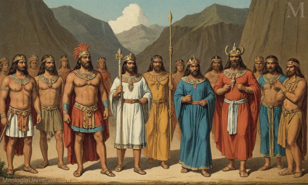 Ilustración vintage sobre lienzo de la mitología incana con dioses y creencias como se describe en su narrativa histórica.