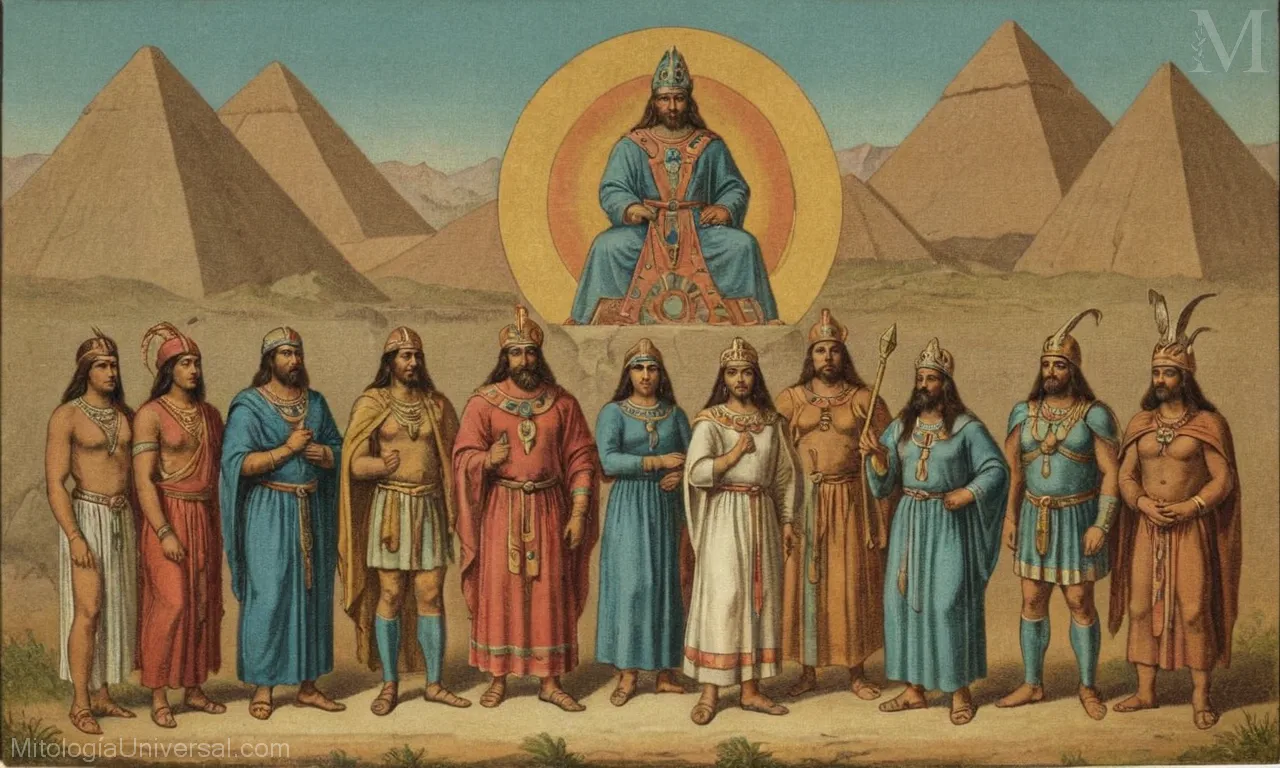 Ilustración vintage sobre lienzo de dioses y creencias en la mitología incana con Orígenes (el Creador) y la cosmovisión cósmica.