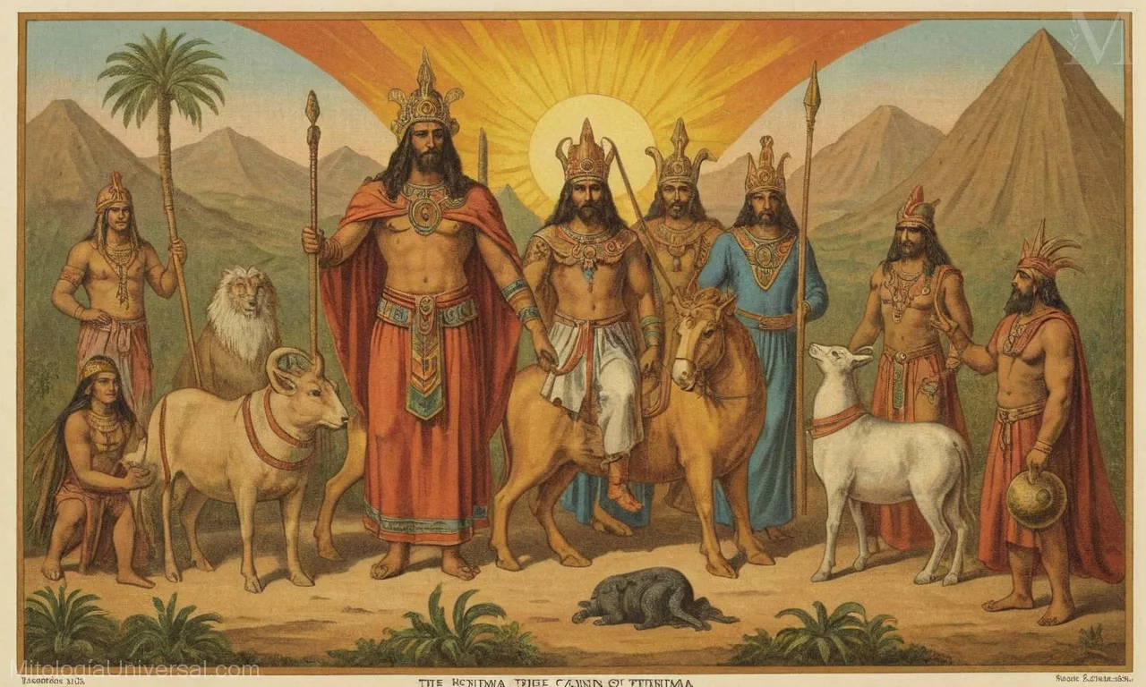 Ilustración vintage sobre lienzo que representa varios dioses y creencias de la mitología incana peruana como Coya el Creador, Inti el Rey Sol y Sunturuma el Señor de las Criaturas.