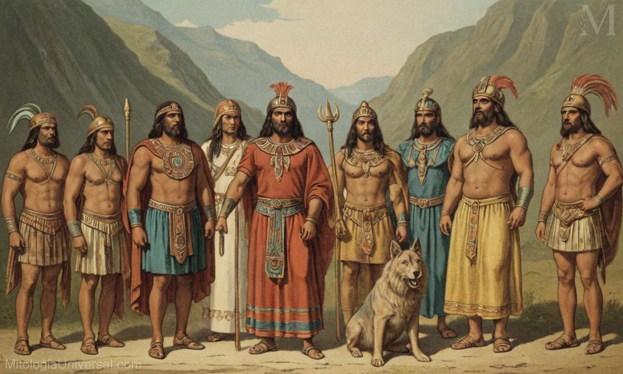 Una ilustración vintage que muestra dioses inca y creencias que representan la conclusión de su mitología.