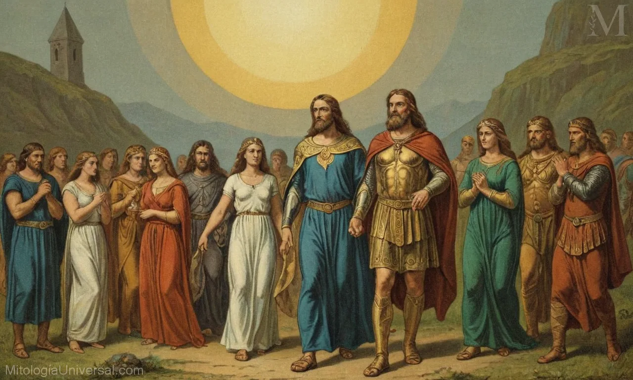 Ilustración vintage sobre lienzo de dioses, héroes y leyendas de la mitología irlandesa.