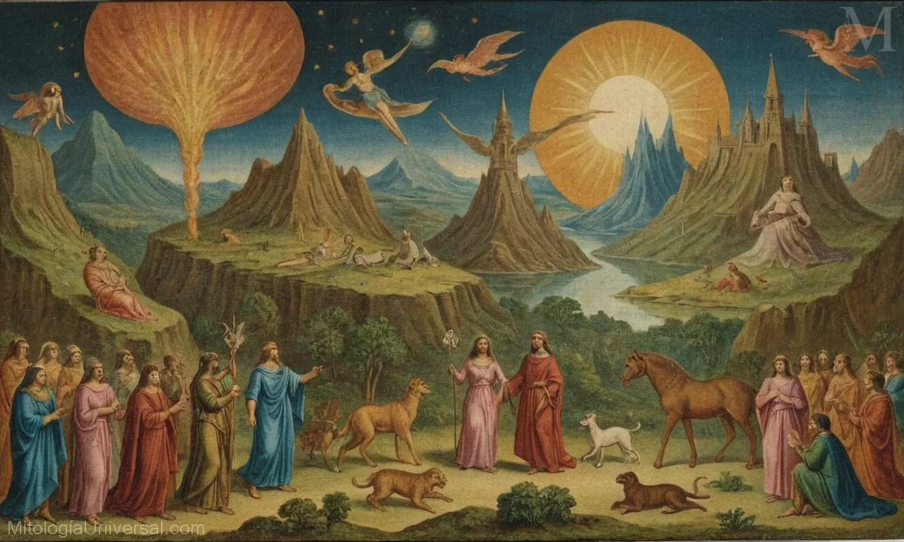 Ilustración vintage sobre lienzo que representa La Creación del Universo de Mitología Islámica con sus creencias y narrativas.