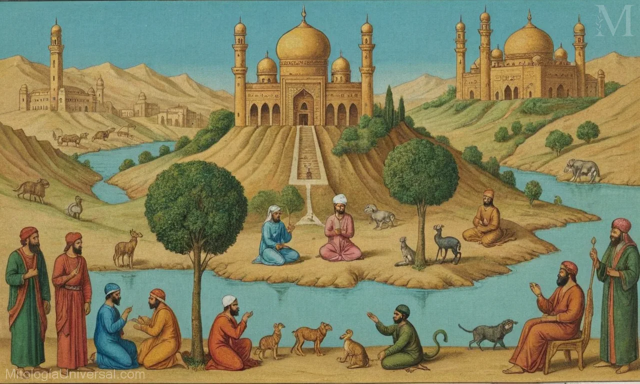 Ilustración vintage sobre lienzo de mitología islámica