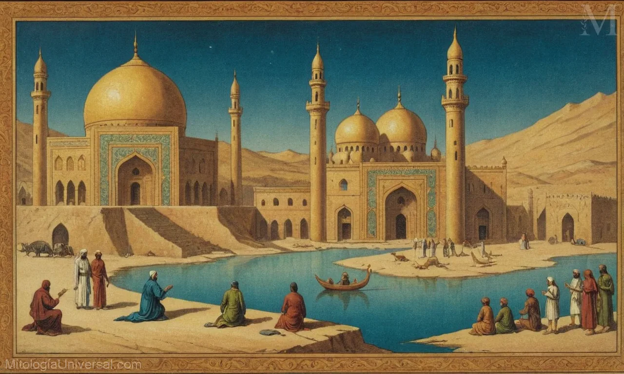 Ilustración vintage sobre lienzo con lugares sagrados de la mitología islámica - creencias y narrativas.