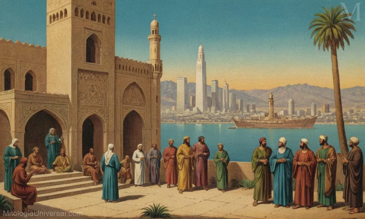 Ilustración vintage sobre lienzo de Los Ángeles y Genios de Mitología Islámica con creencias místicas y narrativas.