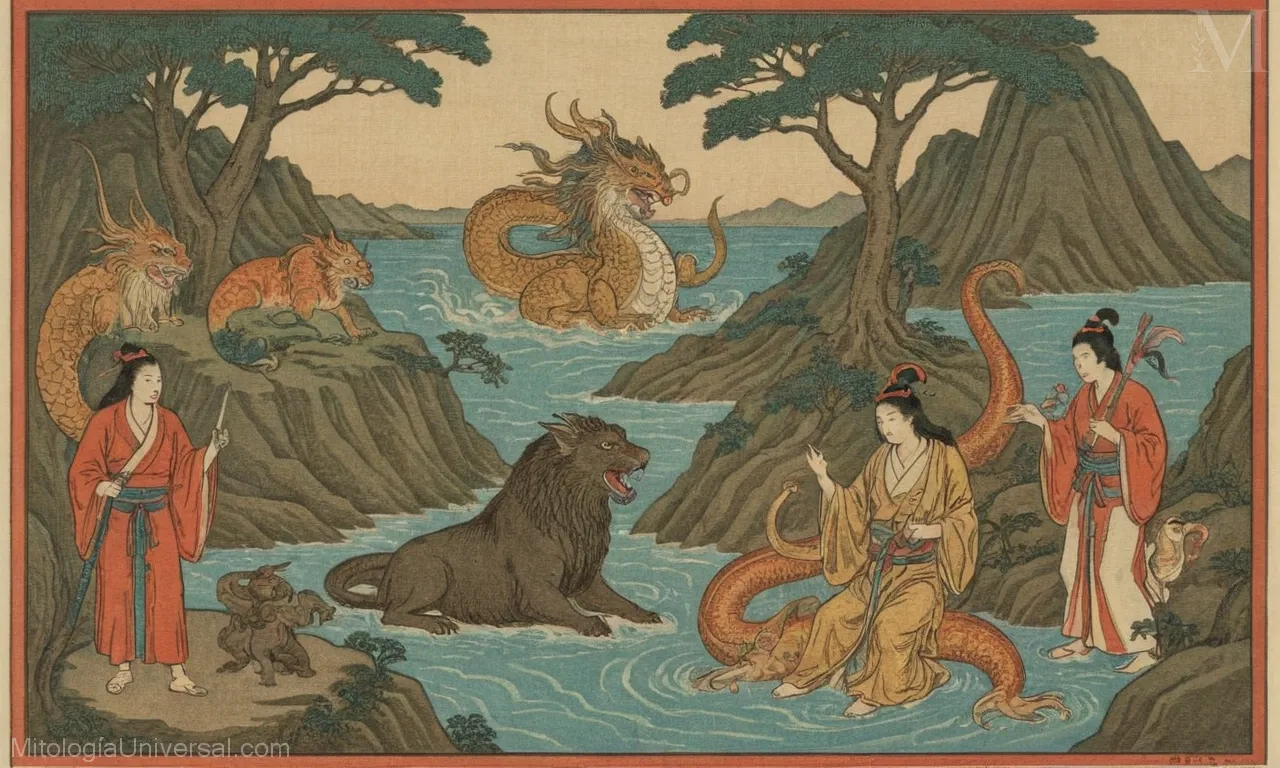 Ilustración vintage sobre lienzo de criaturas míticas, incluyendo Orochi y Ryūjin en folklore japonés - dioses, kami, e historia.