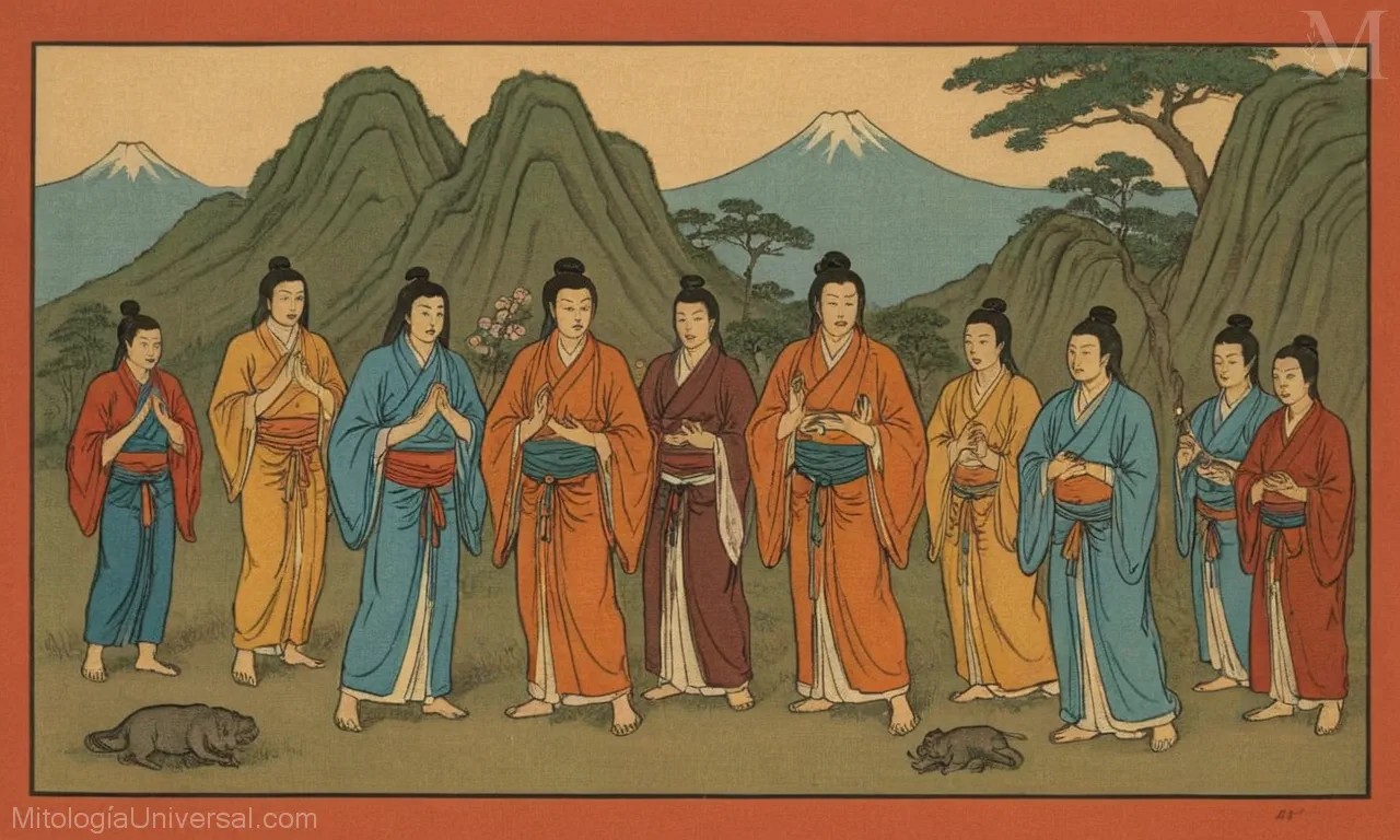 Ilustración vintage sobre lienzo de dioses Shinto-Buddhist y héroes en la mitología japonesa. Este breve extracto habla de la interacción entre el Sintoísmo ( budismo zen japonés) y el budismo (incluyendo filosofías tibetanas y mahayanas), como lo demuestran las criaturas y figuras míticas de Japón como Amaterasu, Susanoo, Inari y muchos más.