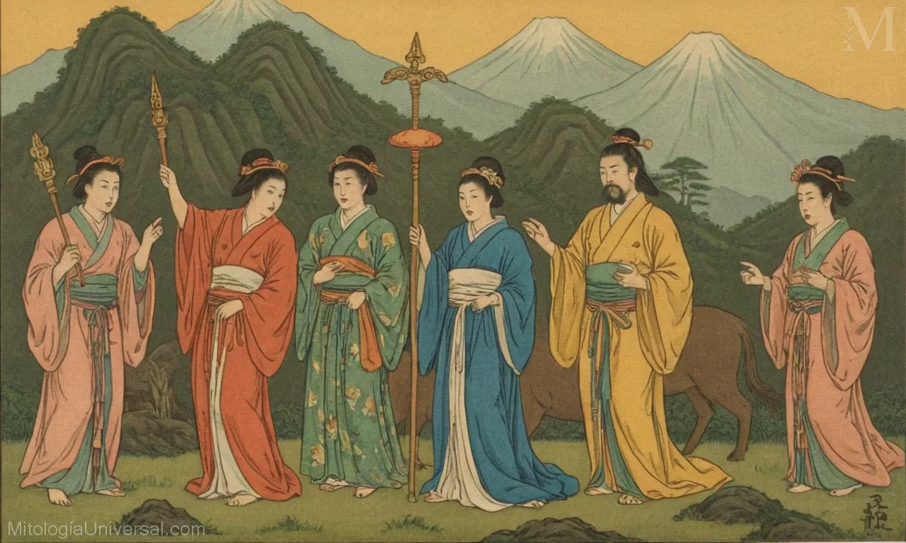 Ilustración vintage sobre lienzos muestra Japóns rica mitología