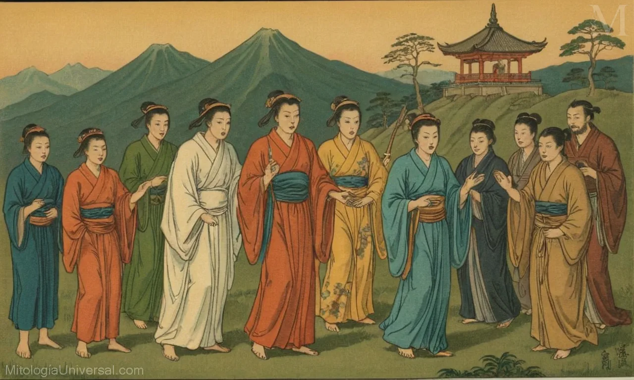 Ilustración vintage sobre lienzo de civilización y mitología japonesas. La representación incluye deidades (dioses), kami (espíritus o fantasmas) y la historia del folclore japonés.