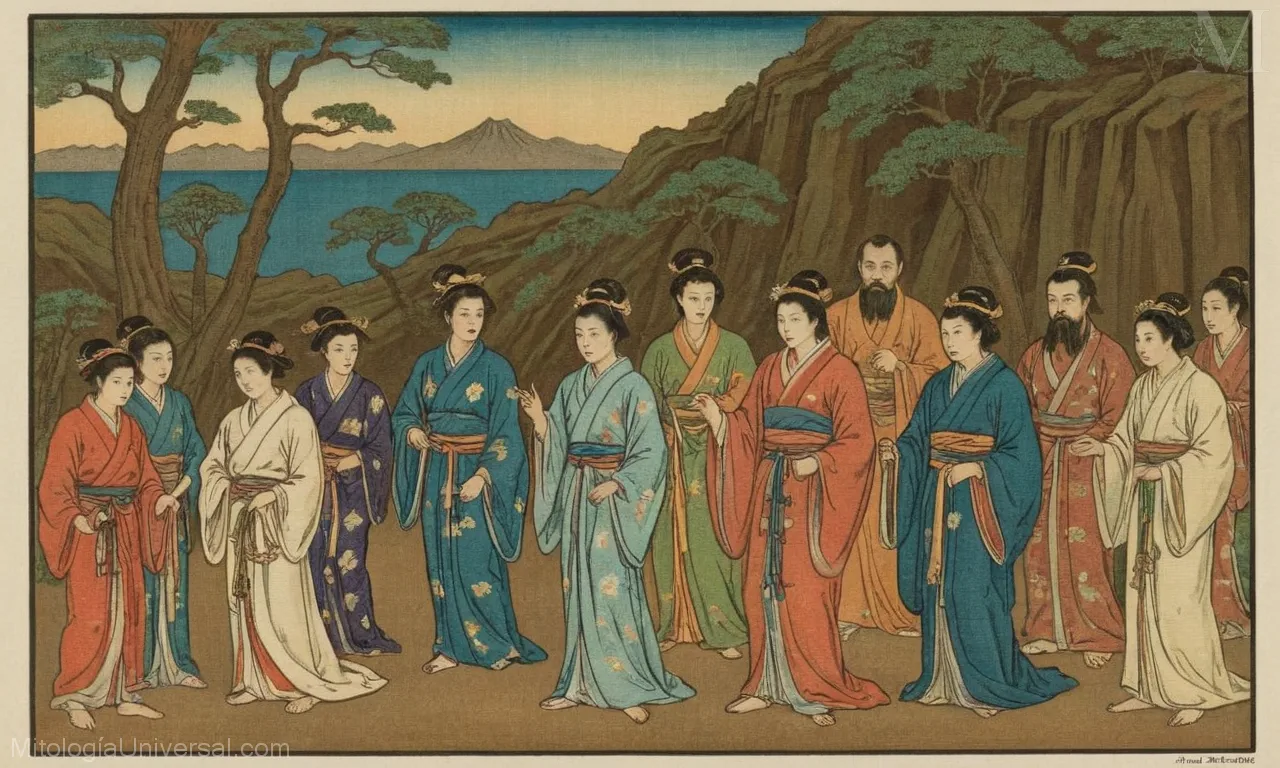 Ilustración vintage sobre lienzo mostrando mitología japonesa, representando dioses, kami (espíritus) e historia.