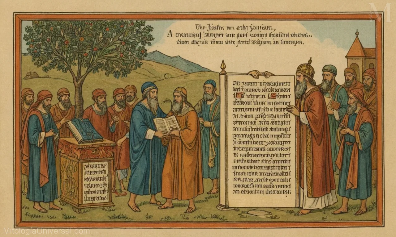 Ilustración de textos antiguos judíos y mosan (Mosaico) originarios de las Torás raíces en el judaísmo. Cada línea significa el significado detrás de ella.