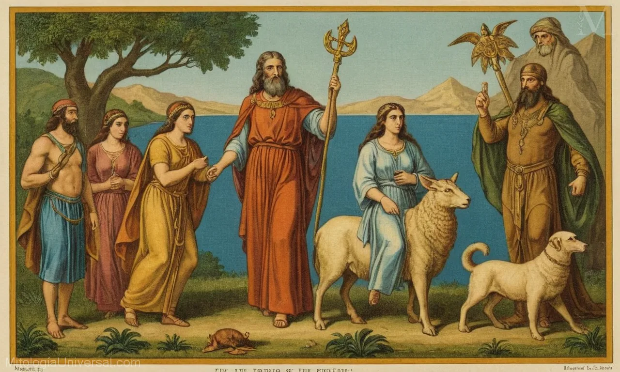 Ilustración vintage sobre lienzo mostrando aspectos clave de la mitología judía con influencias de otras culturas como Orígenes y su significado.