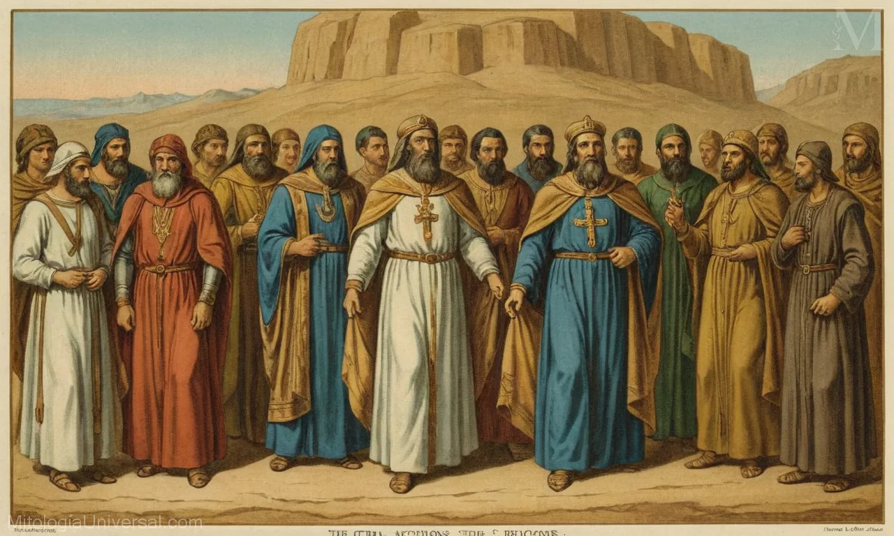 Ilustración vintage sobre lienzo de las Figuras Centrales o Padre Archons y Profetas en la mitología judía, representando orígenes y significado.