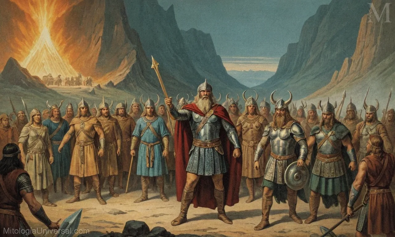 Vintage ilustración sobre lienzo con Norse dioses, leyendas y el inminente evento Ragnarök.