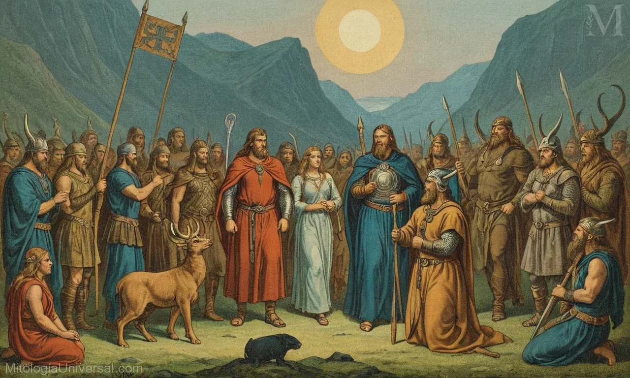 Ilustración vintage sobre lienzo de dioses nórdicos, leyendas e inminente Ragnarok en la mitología nórdica.