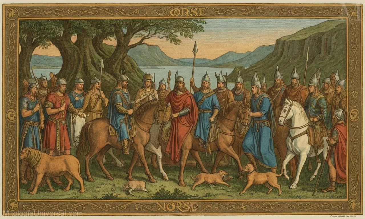 Ilustración vintage sobre lienzo de dioses y leyendas mitológicas nórdicas, incluyendo la historia de Ragnarok.