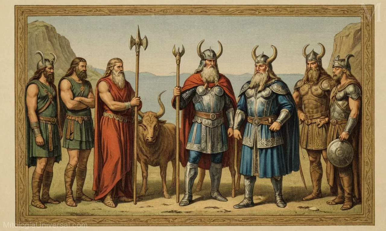 Ilustración representa antiguos dioses nórdicos y leyendas, también conocidos como Orígenes y Fuentes de Mitologia Nórdica. La referencia se refiere a un libro de estos autores que abarca Mitología nórdica, sus dioses, mitos y cuentos de Ragnarok o el Fin de los Días.