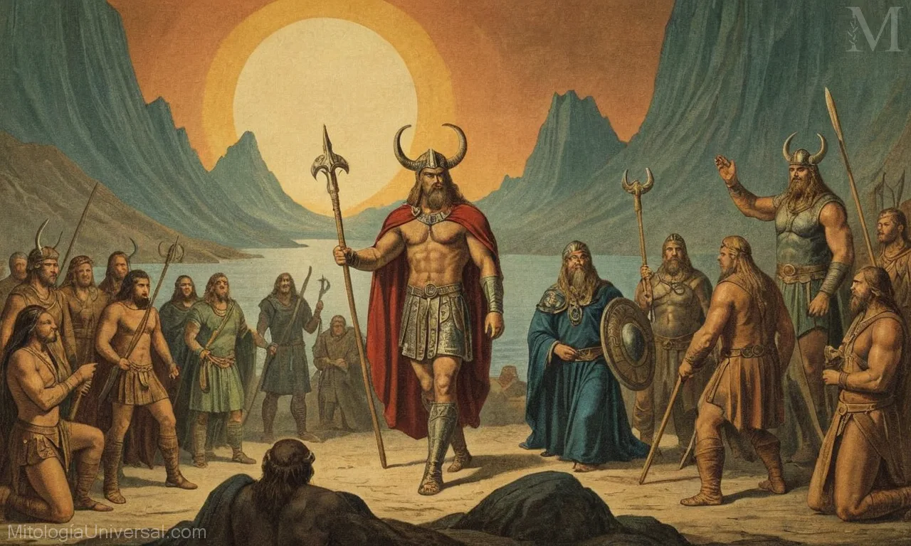 Ilustración vintage sobre lienzo Norse dioses y leyendas frente al fin del mundo (Ragnarok).