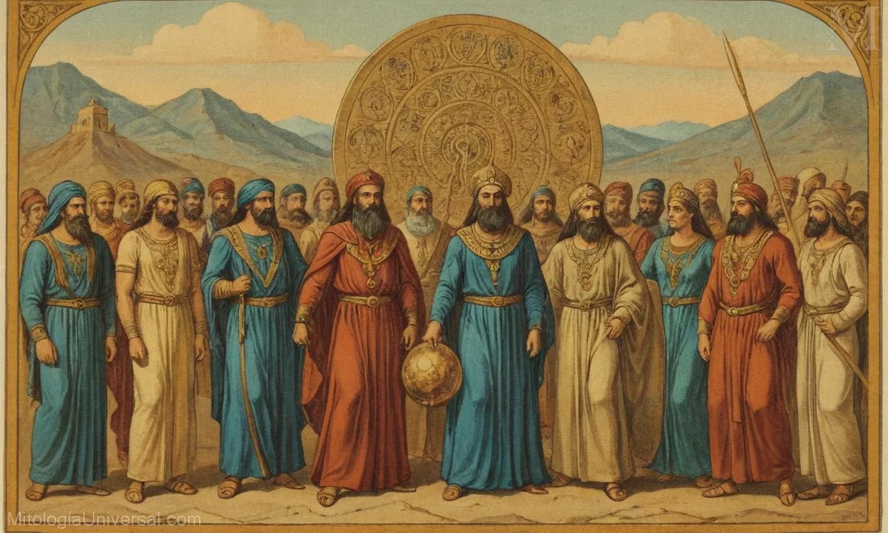 Ilustración vintage sobre lienzo mostrando dioses y héroes de la mitología persa.