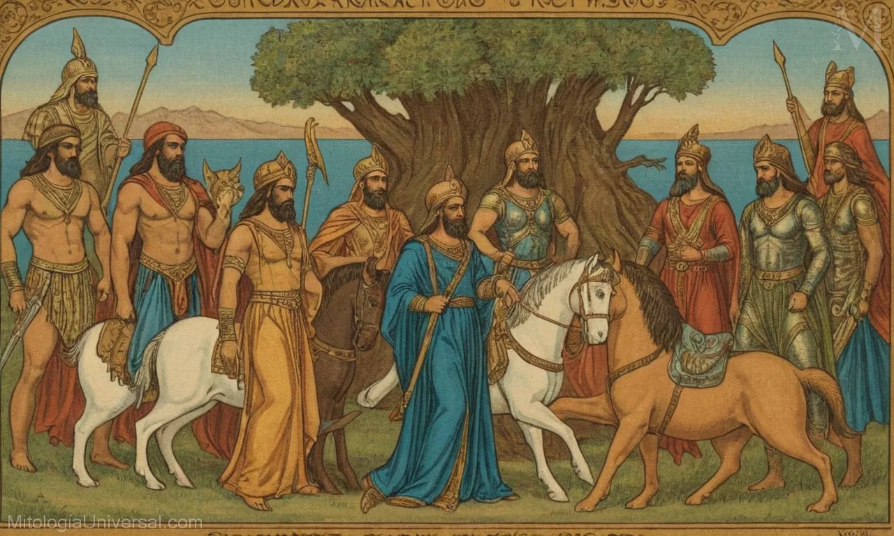 Ilustración vintage sobre lienzo de dioses persas de mitología y héroes con referencias a historias épicas que representan.